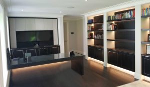 Wall to Wall Bookcase Shelving, Desk and Fitted Media Unit